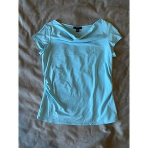 Alfani Womens Light Blue Cowl Neck Side Ruched Short Sleeve Knit Top Size M
